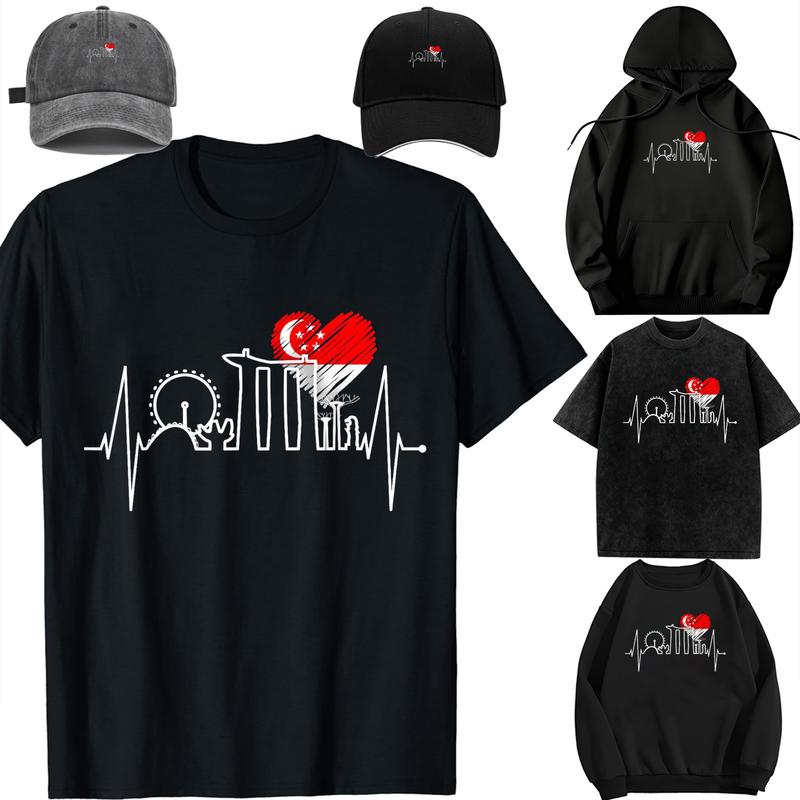 Family set-DIY-Unisex-Long sleeves / With a hat / For children/Singapore Skyline Heartbeat Asian Singapura I Love Singapore T-Shirt
