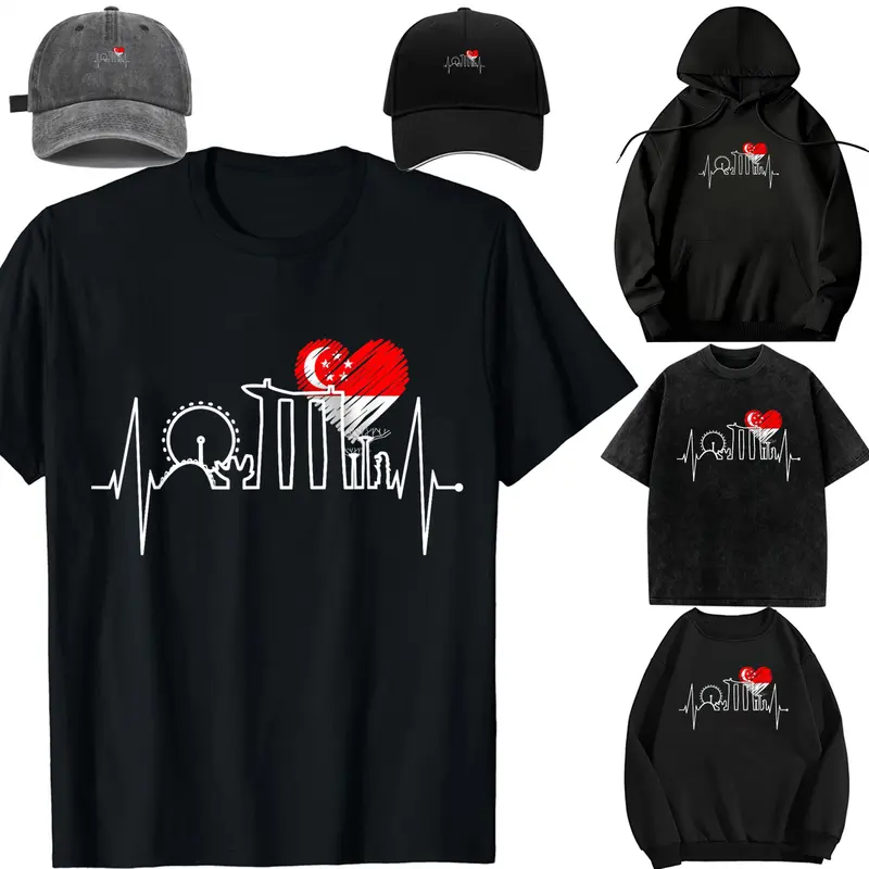 Family set-DIY-Unisex-Long sleeves / With a hat / For children/Singapore Skyline Heartbeat Asian Singapura I Love Singapore T-Shirt