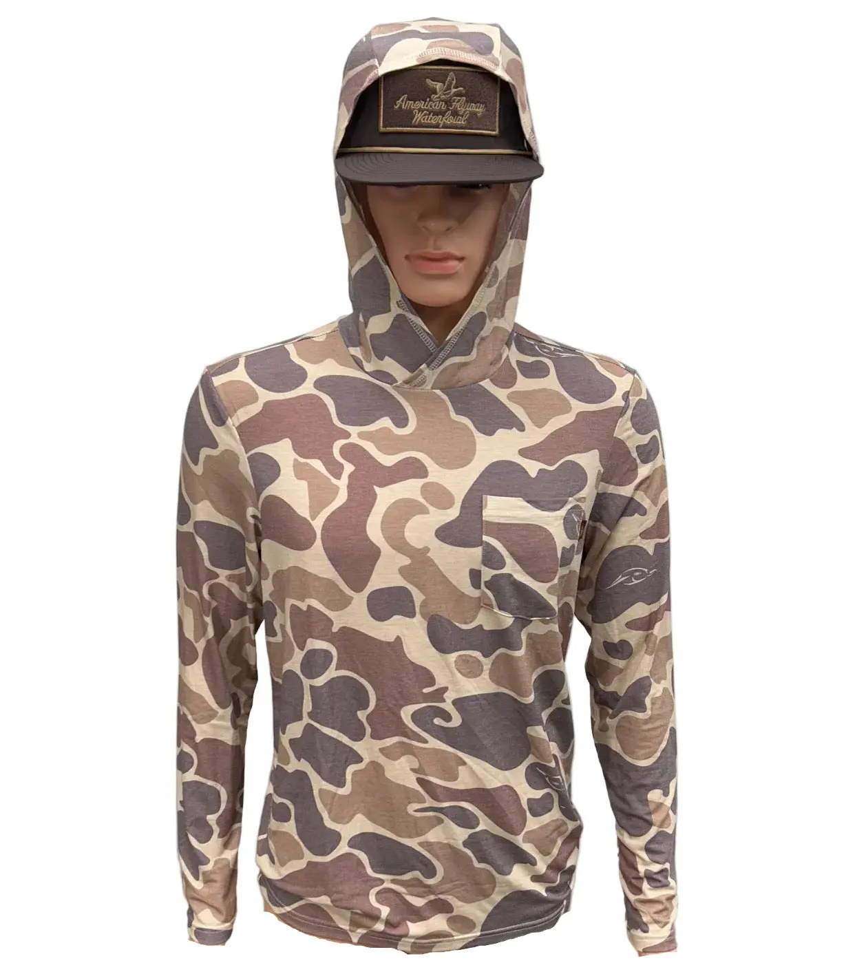 American Flyway Waterfowl Men's Classic Aesthetic Outdoor Vintage Camo Hooded Long-Sleeve Tops, Soft Lightweight Natural Rayon Blend with UPF & Moisture-Wicking Features, Menswear, Longsleeves, Sweatshirts, Camouflage, Classic Cut, Moisture Wick