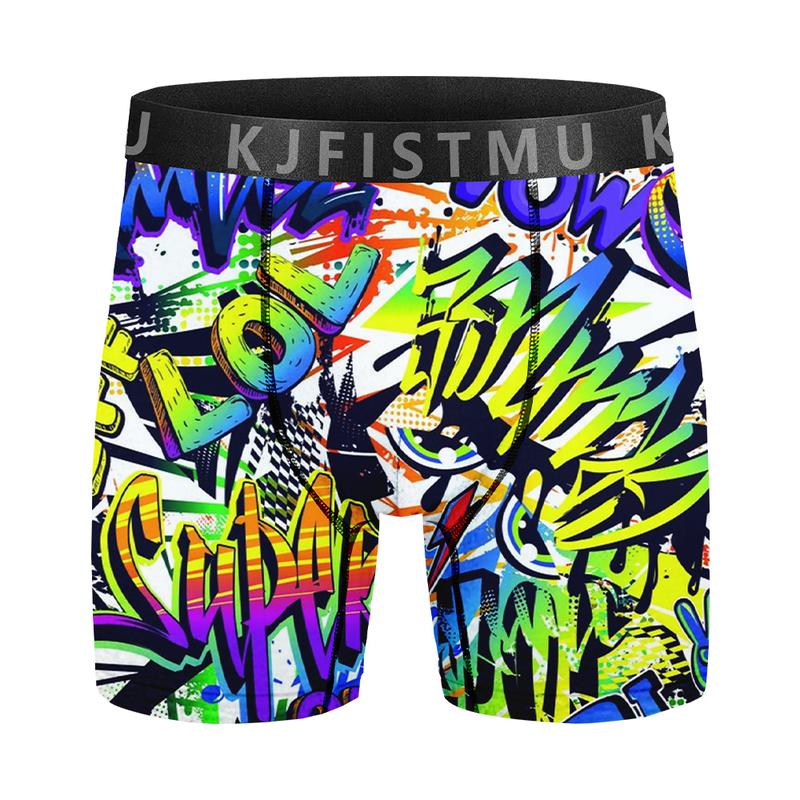 4-piece set of men's long printed boxer briefs, elastic and comfortable casual sports underwear, trendy graffiti-style prints, street style, breathable and thin fabric for sports, fitness, and daily wear Menswear Soft 4-piece set of men's long printed boxer briefs, elastic and comfortable casual sports underwear, trendy graffiti-style prints, street style, breathable and thin fabric for sports, fitness, and daily wear Menswear Soft