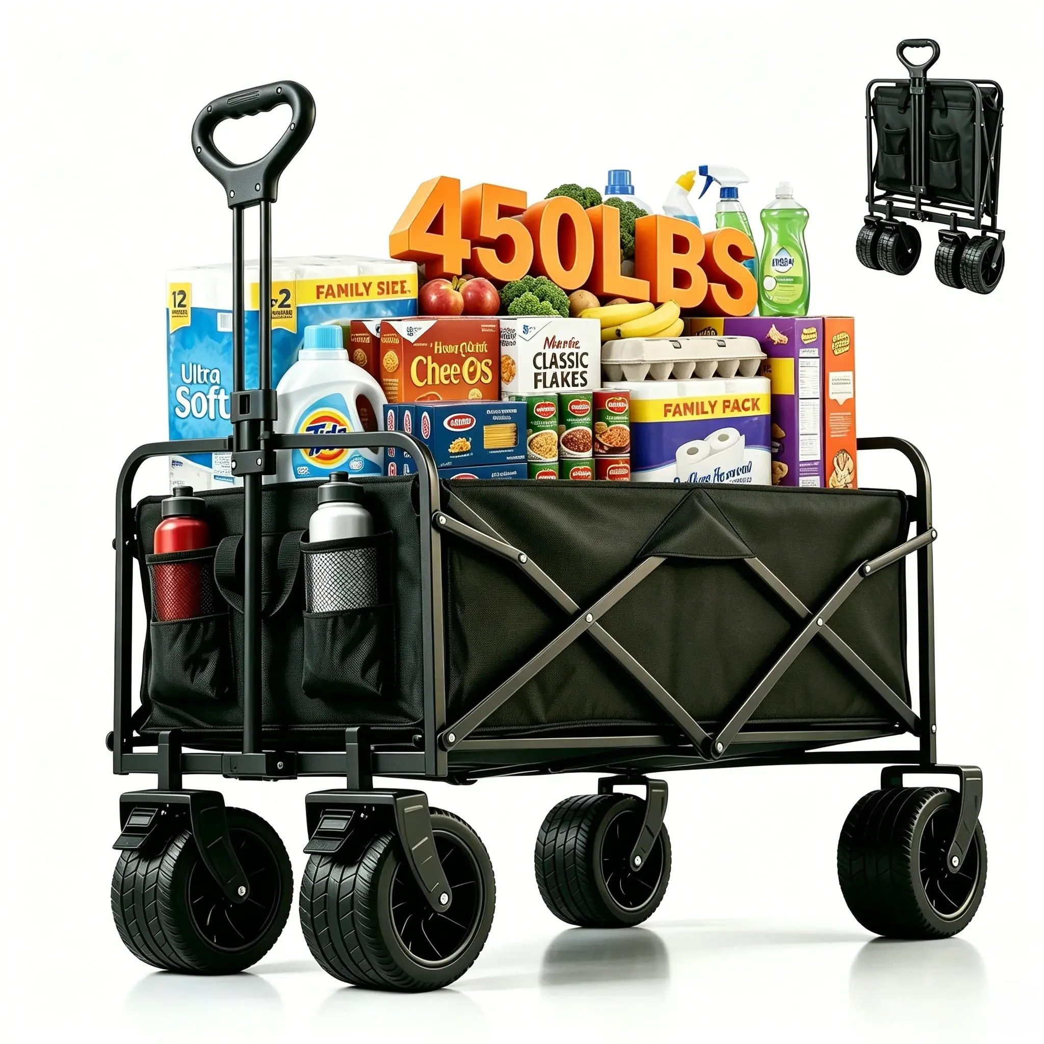 【Back to school】Heavy-Duty Utility Wagon with Collapsible Frame, All-Terrain Big Wheels & Brake System, Waterproof Oxford Fabric large Cart, 450 lbs Capacity for Beach & Camping, Utility Cart, Outdoor Trips, Tailgate, Rectangular