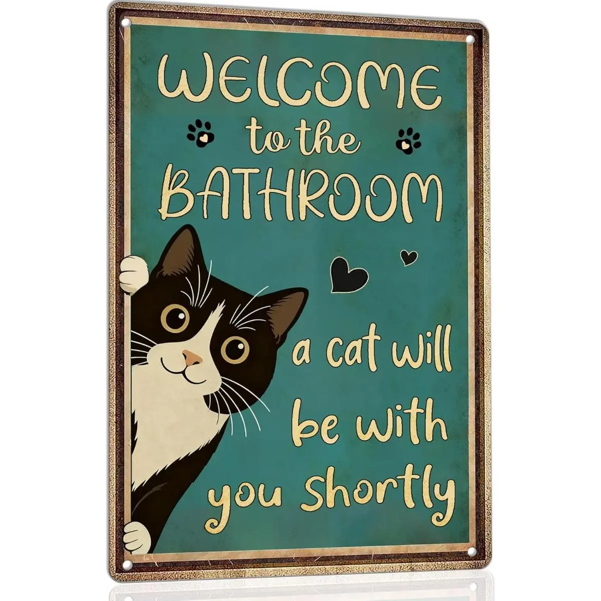 8x12 in Farmhouse Retro Tuxedo Cat Peeking Metal Sign - Teal Vintage Background, Paw Heart Print Rustic Plaque, Cute Kitty Guest Bath Wall Decor, Housewarming Gift for Tuxedo Cat Owners