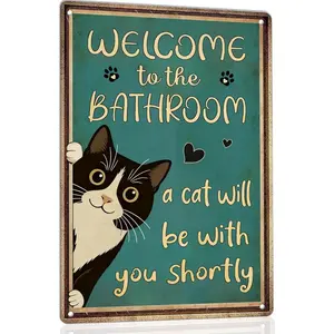 8x12 Inch Welcome To The Bathroom Tuxedo Cat Peeking Metal Sign, Vintage Teal Background Paw Heart Print Rustic Plaque, Cute Kitty Guest Bath Wall Decor, Sweet Housewarming Gift For Tuxedo Cat Owners