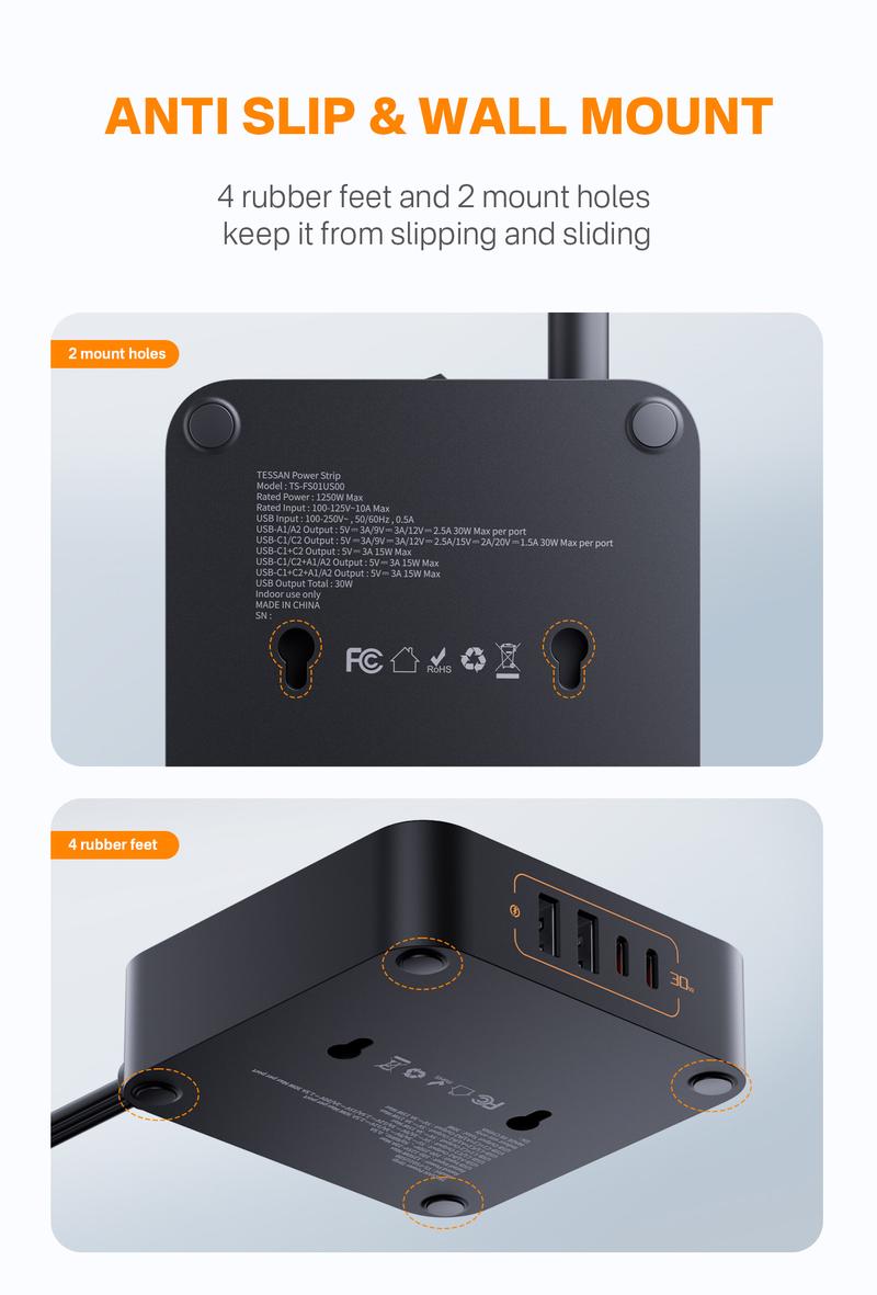 TESSAN Flat Plug Surge Protector Power Strip, 30W Fast Charging Station, 5FT Flat Extension Cord with 4 Outlets & 4 USB C, Wall Mount Compact Desk Charging Station For Office, Dorm, Home Essentials