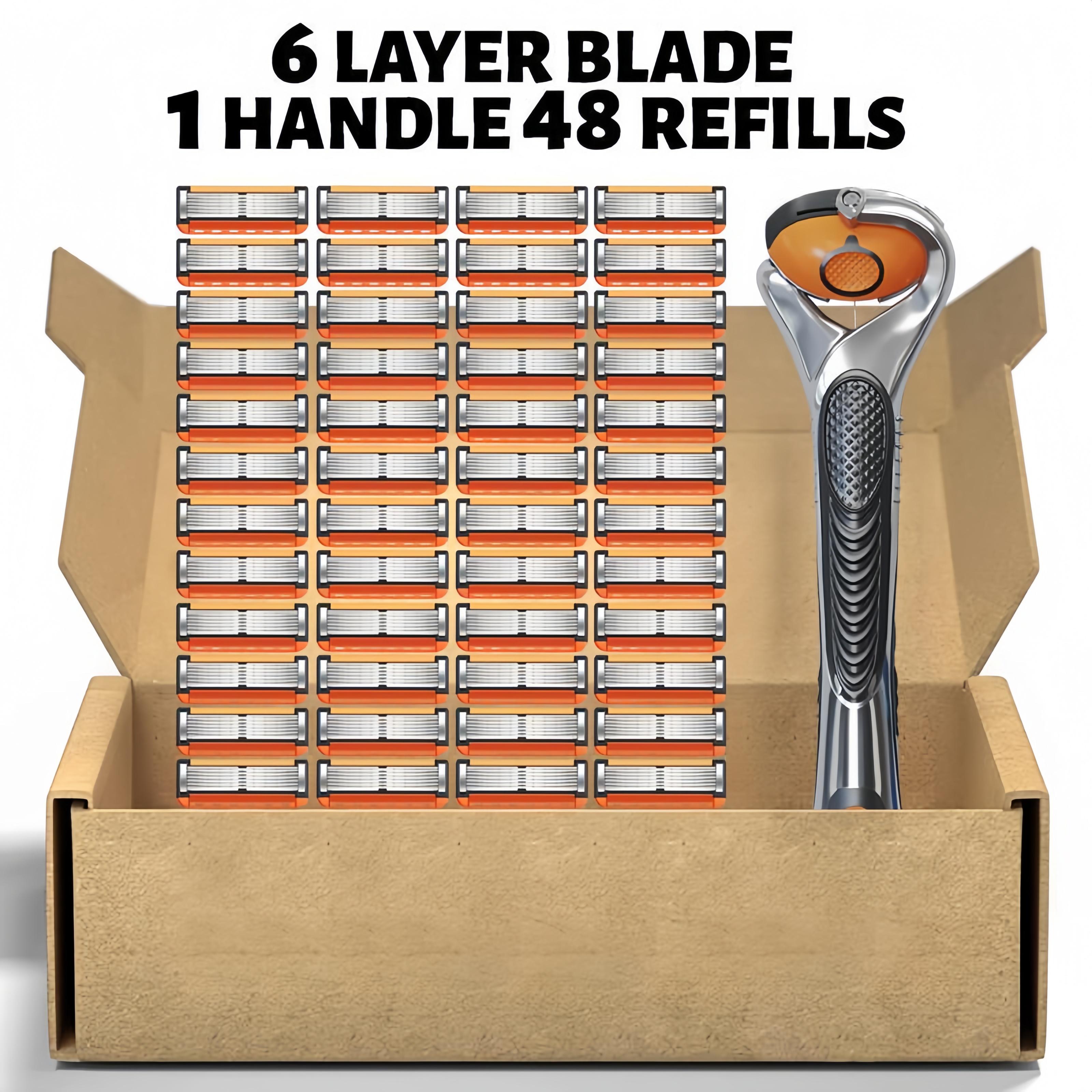 Men's Razor Blade Replacement, 48pcs Razor Blade & 1 Count Handle, Sharp Handheld Razor Blade, Men's Care Product for Daily Use, Head Shaver Kit