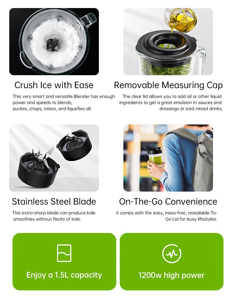 Blender Cup 1200W & Grinder Combo 30,000 RPM Powerful Motor Smoothie Kitchen Countertop Blender 1.5L Large Capacity Smoothie & Grinder Combo Crushes Ice for Cold Drinks, Fruit Purees, Milkshakes, Juices