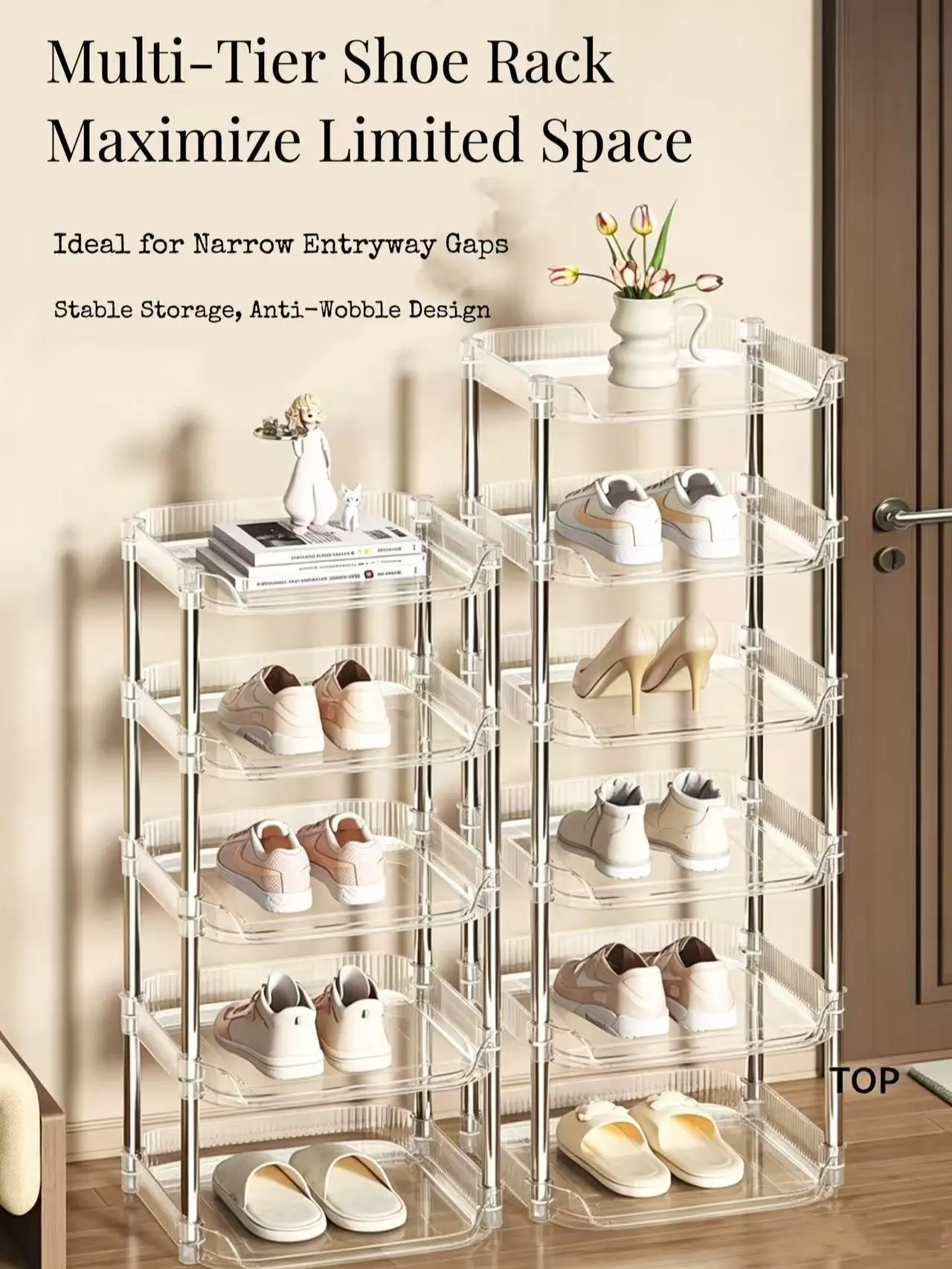 Vertical Acrylic Steel 4-Pole Sturdy Frame Shoe Rack, Multiple-Storage Corner-Fit Home Organizer, 1 Pair Per Tier, Safe Edges, Easy Setup for Shoes, Keys, Small Items, Smooth