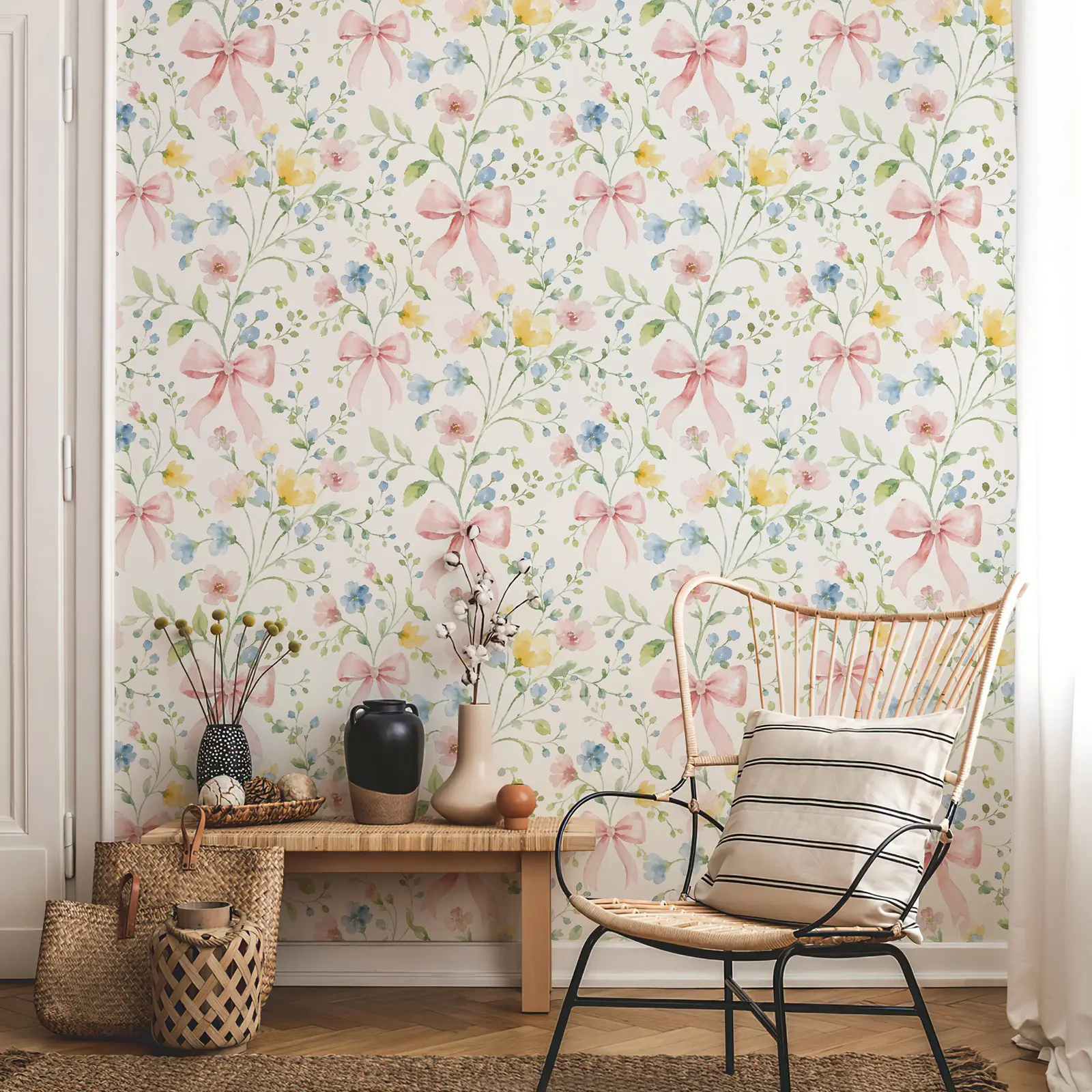 JIFFDIFF Pink Bow Floral Peel and Stick Wallpaper, Removable Self Adhesive Wall Paper for Bedroom Living Room Bathroom, Cute Vintage Floral Wreath DIY Accent Wall Decor