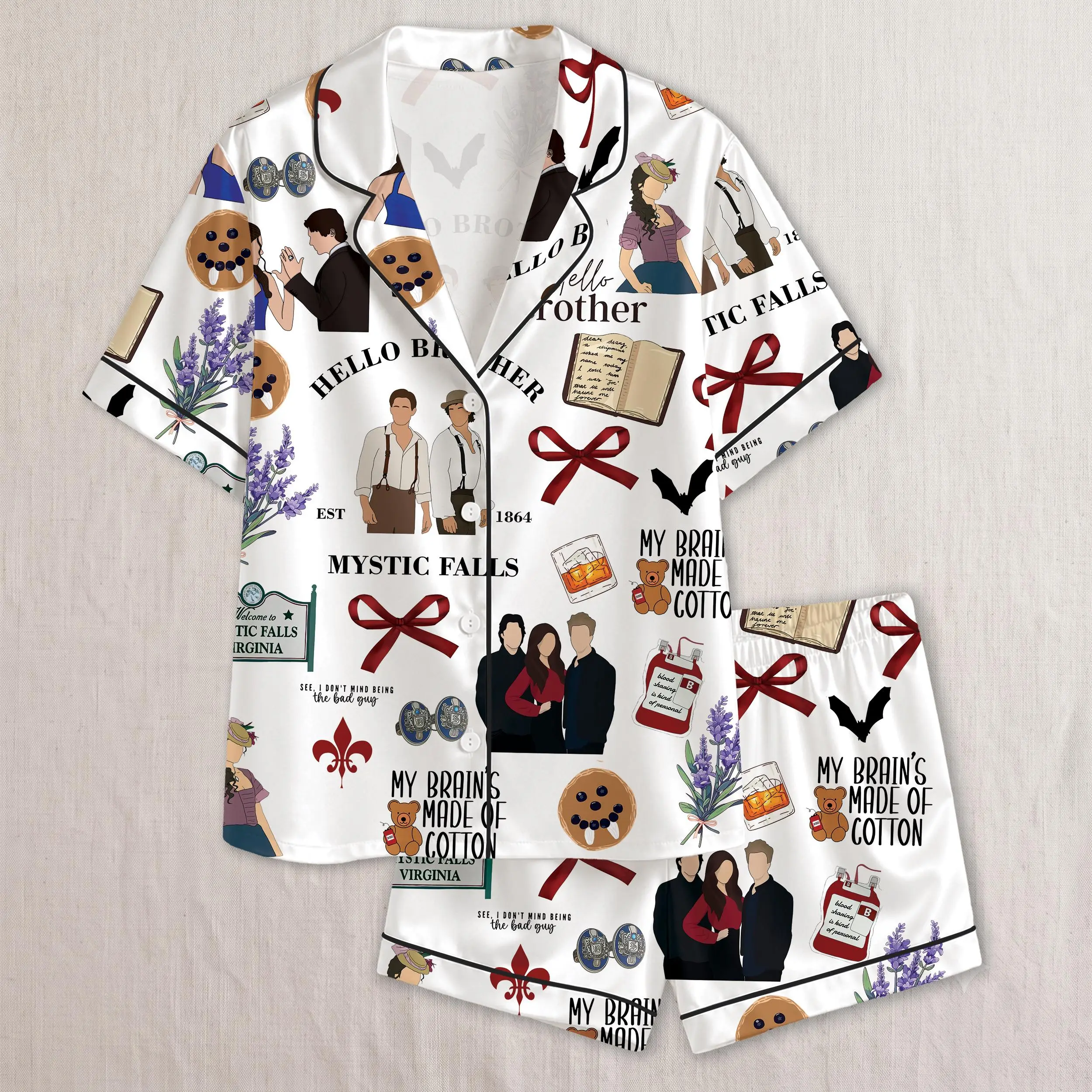 Brother Vampire Print Pajamas Set - Comfortable Premium Satin Sleepwears