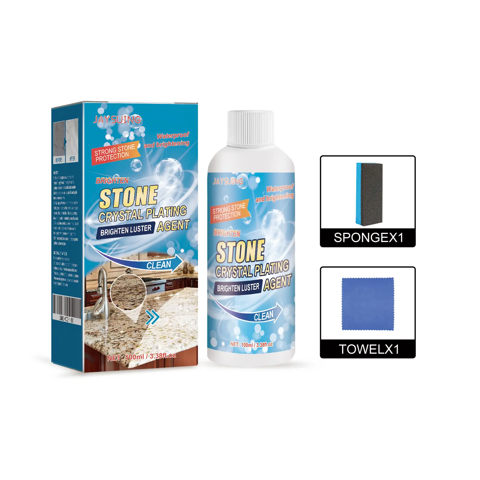 Jaysuing Stone Crystal Plating Agent Kit, Quartz & Tile Countertop Care Polish, Cleans Stains, Refreshes Surfaces for Enhanced Gloss