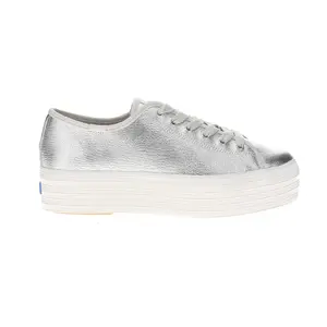 Keds Womens Triple Up Washed Metallic Leather Lace Up Sneakers Shoes Casual - Silver