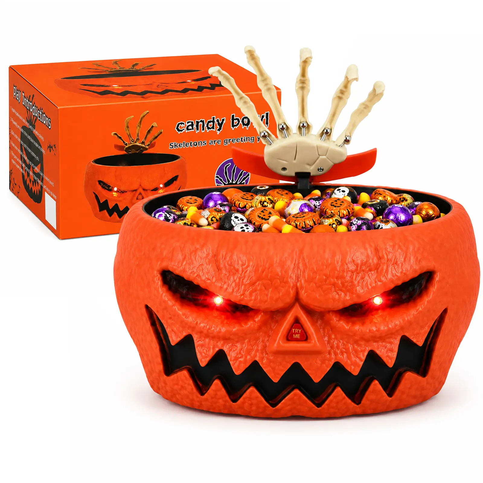 Spooky Scary Halloween Animated Pumpkin Candy Bowl - Home, Festive Party Decoration with Motion-Activated Skeleton Hand for Trick-or-Treat Pranking