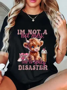 100% Cotton Womens I'm Not A Hot Mess Shirt Cute Pink Highland Cow T-Shirt