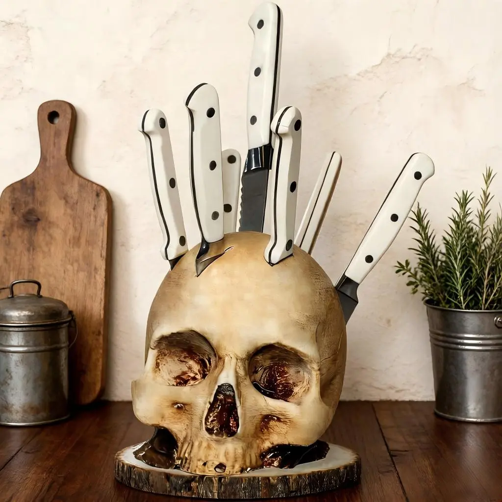 Skull Design Knife Holder (No Knife Included), Creative Resin Skull Knife Block (No knife), Gothic Kitchenware Storage Rack for Steak Knives, Halloween & Party Decoration, Scary Skull Home Decoration, gifts for boyfriend