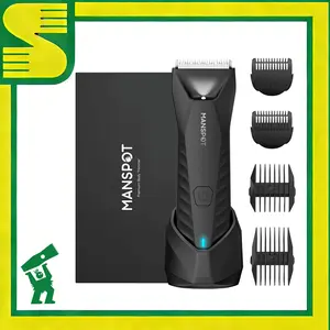 MANSPOT Manscape Body & Pubic Hair Trimmer for Men Electric Groin Hair Trimmer with Replaceable Ceramic Blade Heads Waterproof for Wet Dry Use Standing Recharge Dock 90 Minutes Shaving Time