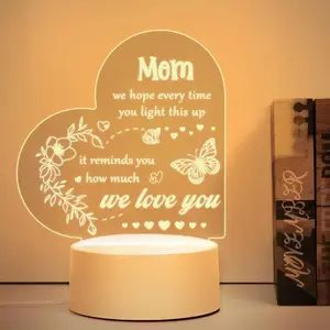 Mom Acrylic Night Light - Heart-Shaped Butterfly & Floral Engraved Lamp for Mom, Mother's Day Gift, Birthday Gift from Daughter/Son, Bedroom Decor, USB Powered Acrylic Light with "We Love You" Quote surprise holiday party farmhouse style table decor mini