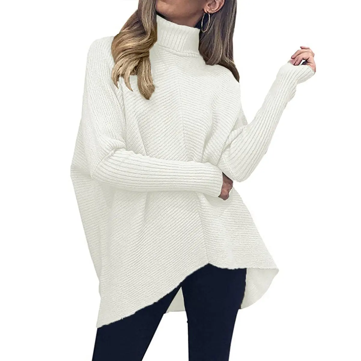 ANRABESS Womens Turtleneck Oversized Sweater 2026 Long Batwing Sleeve Asymmetric Hem Casual Knit Pullover Tunic Sweater Tops White High Neck Womenswear