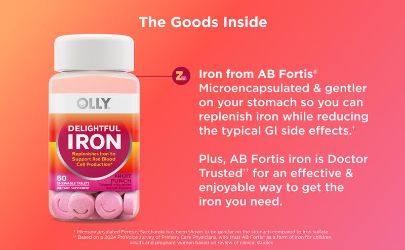 OLLY Delightful Iron Chewable Supplement - 60 Count, Fruit Punch Flavor, Ideal for Healthcare and Vitamins