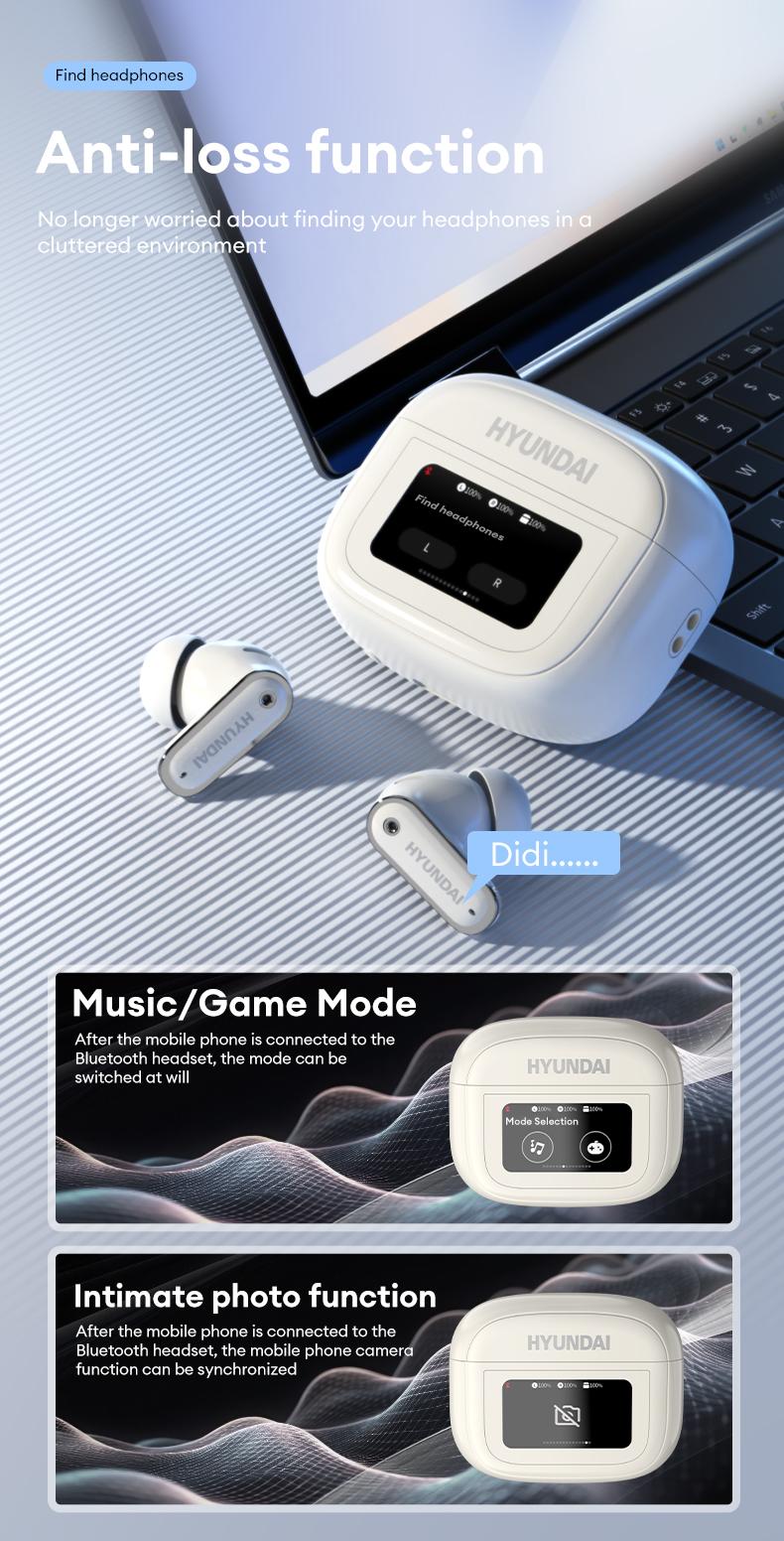 HYUNDAI Y22 In-Ear Wireless Headphones with 2025 Bluetooth 5.4, Touch Smart Screen, ANC Noise Reduction, Anti-Loss Function, High-Fidelity Audio Decoding, Ergonomic Comfortable Fit, Compatible with Mainstream Devices, Earbuds for Music & Calls