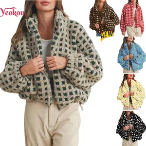 Yeokou Women’s  Long Sleeve Cropped Sherpa Fleece Plaid Jacket Casual Chunky Teddy Fleece Outerwear