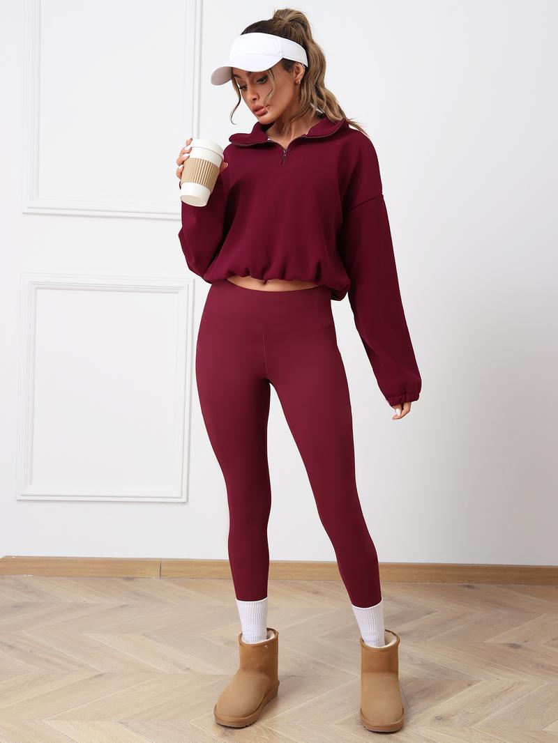 CHRLEISURE Fleece Women Suit Women's Winter Set Fleece Leggings Long Sleeved Tops for Daily Sports Wear in Warm Burgundy
