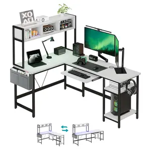 Sweetcrispy 67-Inch Reversible L-Shaped Computer Desk with LED Light, Power Outlet, Shelf, Storage Bag & Keyboard Tray – Corner Gaming Desk for Home Office