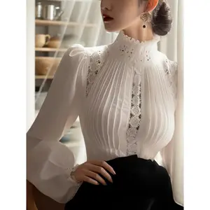 Women's Elegant White Sports Shirt - Lace Trim Ruffled Turtleneck & Bubble Sleeves, Breathable Machine-Washable Top for Casual or Active Wear, Chic Gift for Girlfriend, Casual Elegant Wear | Lace Detail Shirt | Elegant Design, Lace Blouse Minimalist Short