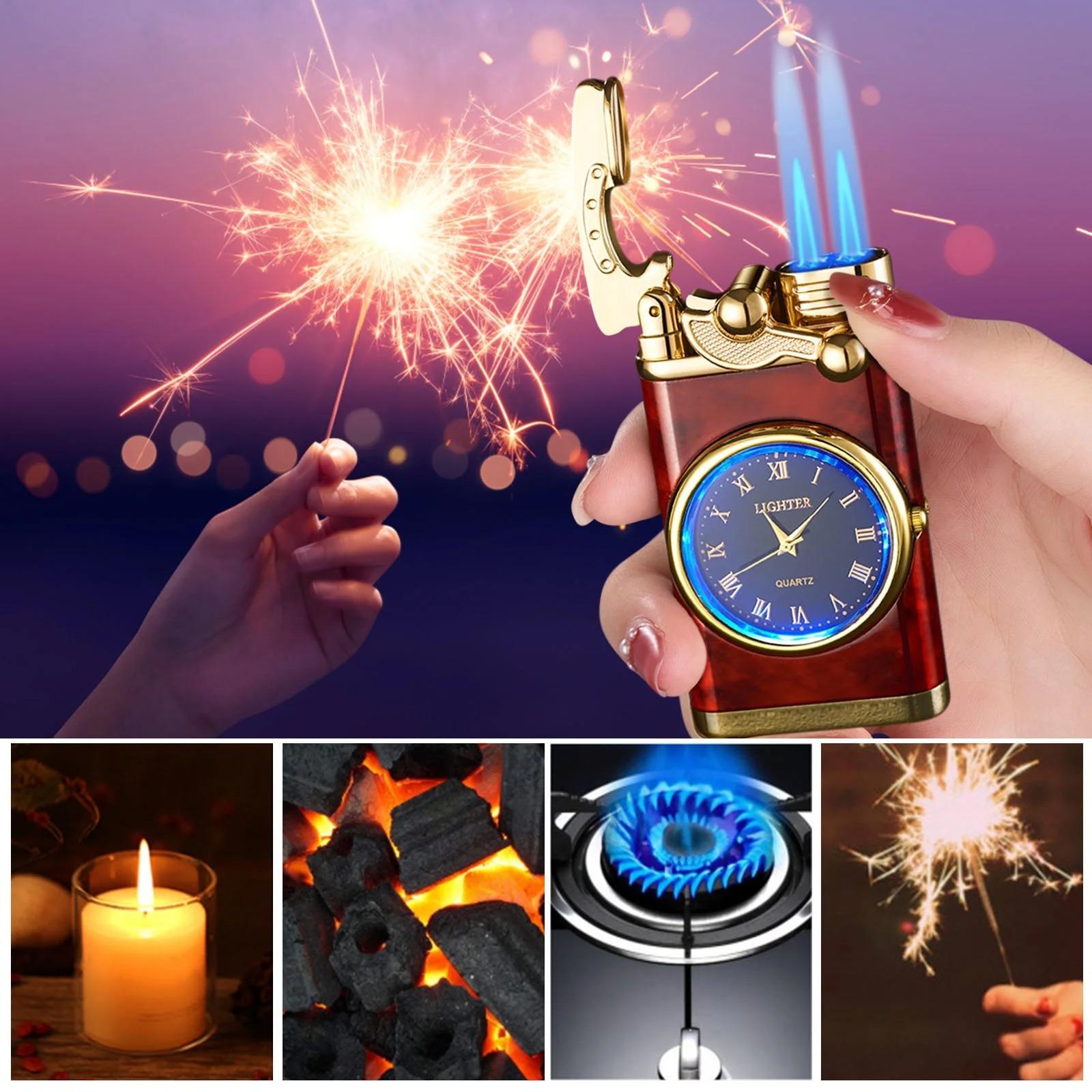 (Butane-free) Retro double-flame windproof lighter, classic clock face design, adjustable flame—refillable, suitable for camping and hiking, an ideal gift for men.