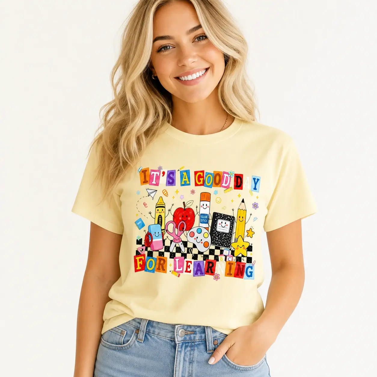 It's A Good Day For Learning Elementary Teacher T-Shirt, Back to School Classroom Tee with Pencil Apple Crayon Design, First Day of School Teacher Gift Shirt - DarkFlex