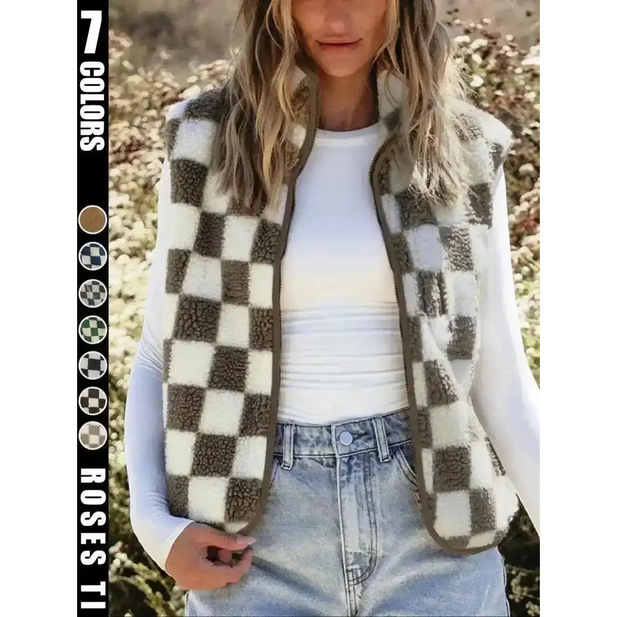 Sleek Ins style checkerboard plush vest women's autumn and winter outerwear short shoulder retro square grid loose jacket top, Trendy, Stylish, Flexible Fit, Fashion, Fall Fashion, Comfy, Weekend Wear, Adjustable