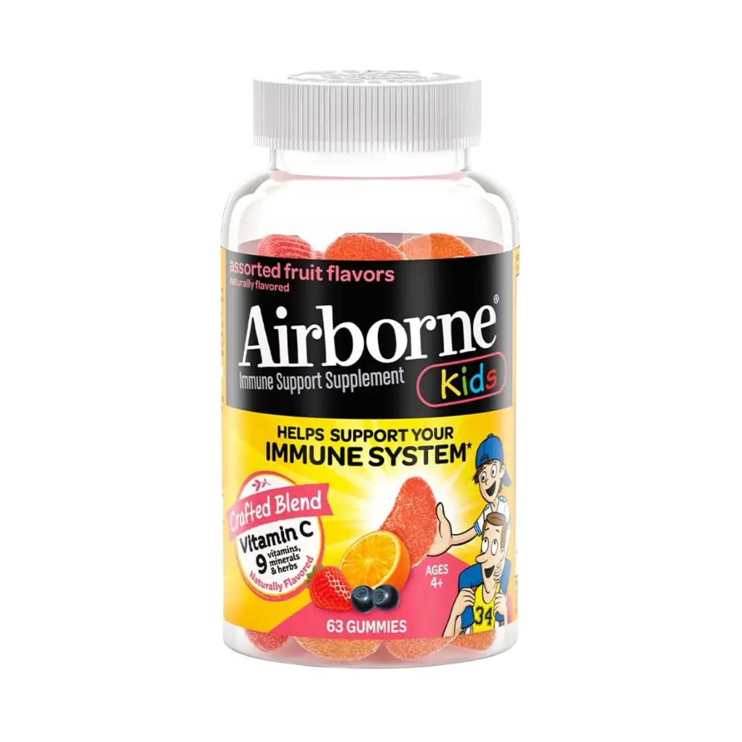 Airborne KIDS 500mg Vitamin C Gummies, Kids Immune Support Zinc Gummies With Powerful Antioxidants Vit C & E - 63 , Assorted Fruit Flavor Fitness Supplement Edible Dietary