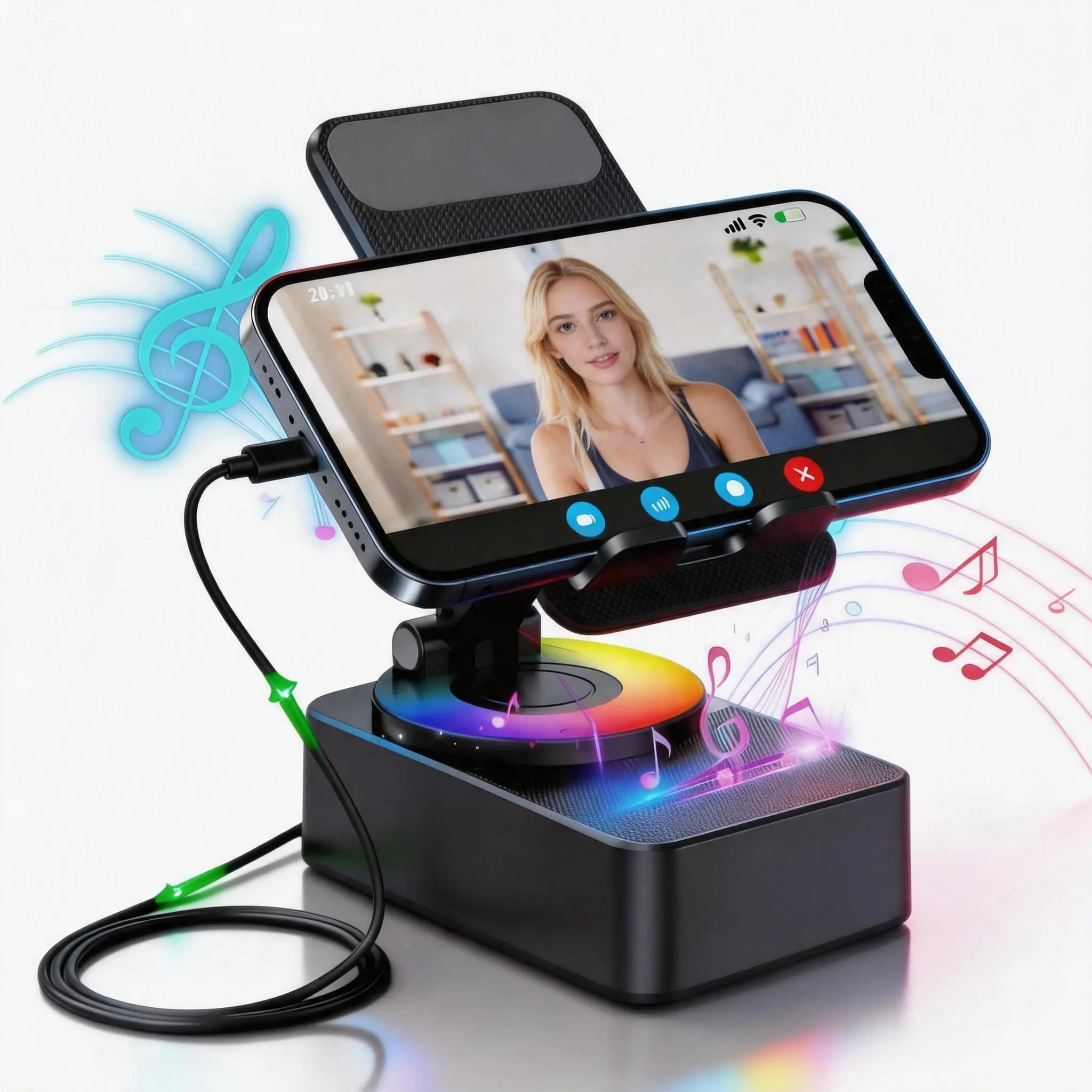 New 5 in 1 Wireless Speaker Phone Bracket – RGB Dynamic Light Spinning Foldable Emergency Power Bank for Tablet Cellphone, Gift for Him Her