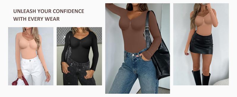 FeelinGirl Women's Seamless  Long Sleeve Thong Bodysuit for Tops and Comfortable for  Lady  Soft   Womenswear  live stream dealsforyoudays