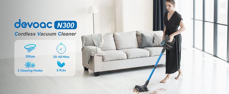 [FebFaves] Devoac N300 Cordless Vacuum, 8-in-1 Rechargeable Stick Vacuum, Lightweight and Designed for Everyday Home Cleaning, with up to 20kPa Suction and up to 40 Minutes of Runtime, for Hardwood Floors, Carpets, Tiles, cars, and Pet Hair