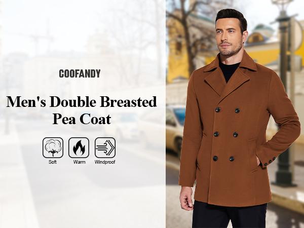 COOFANDY Fall Outfits Thin Men's Coats Double Breasted Pea Coat Winter Overcoat Short Trench Coat Notched Collar Gift Ideas