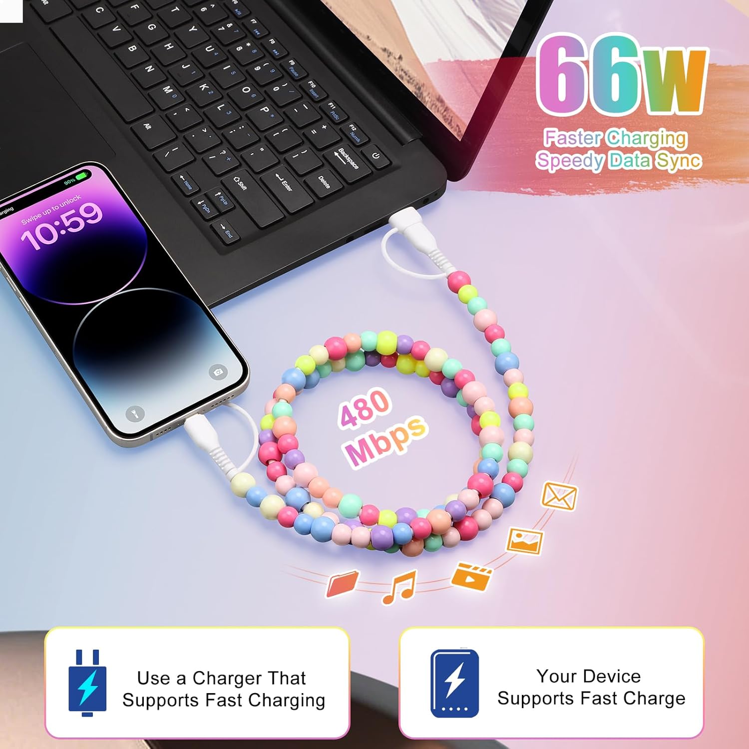 4 in 1 Beaded Charging detachable Cords stylish shine Fit for All Device USB-A,USB-C & Lightening for iPhone 15/16/17 Samsung Type-C Cellphone