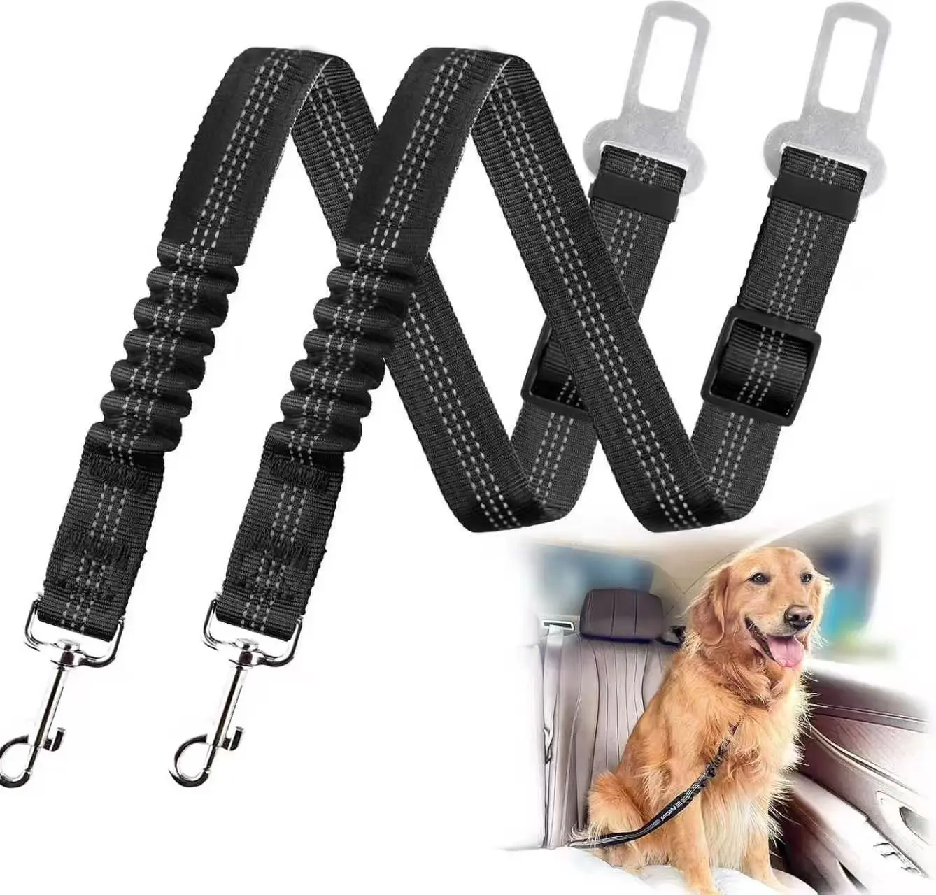 2-Pack Value Dog Car Seatbelt (Leash Included) - Adjustable Universal Pet Safety Accessory with Simple Strap, 20-31.5in Durable Nylon, Zinc Hook, Alloy Clip, Quick Clip-On Saves Time, Secure Headrest Attachment for Less Car Movement