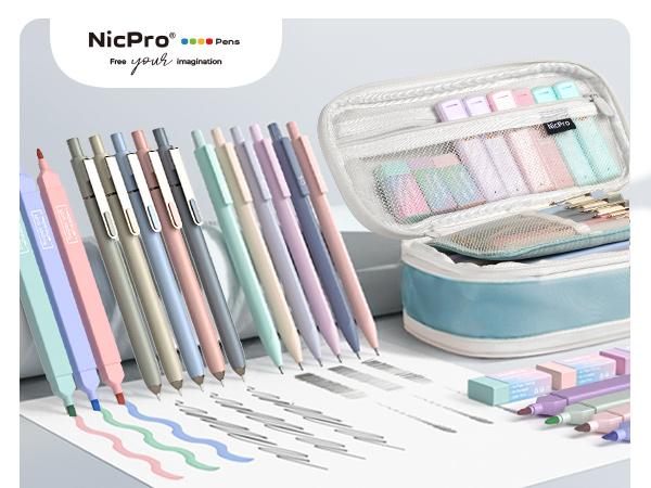 Nicpro 39 PCS Aesthetic School Supplies with Cute Pen Case, 12 Pastel Highlighters, 5 Black Ink Gel Pens, 6 Mechanical Pencils Set 0.5 & 0.7mm for Students Stationary College Essentials (Blue)