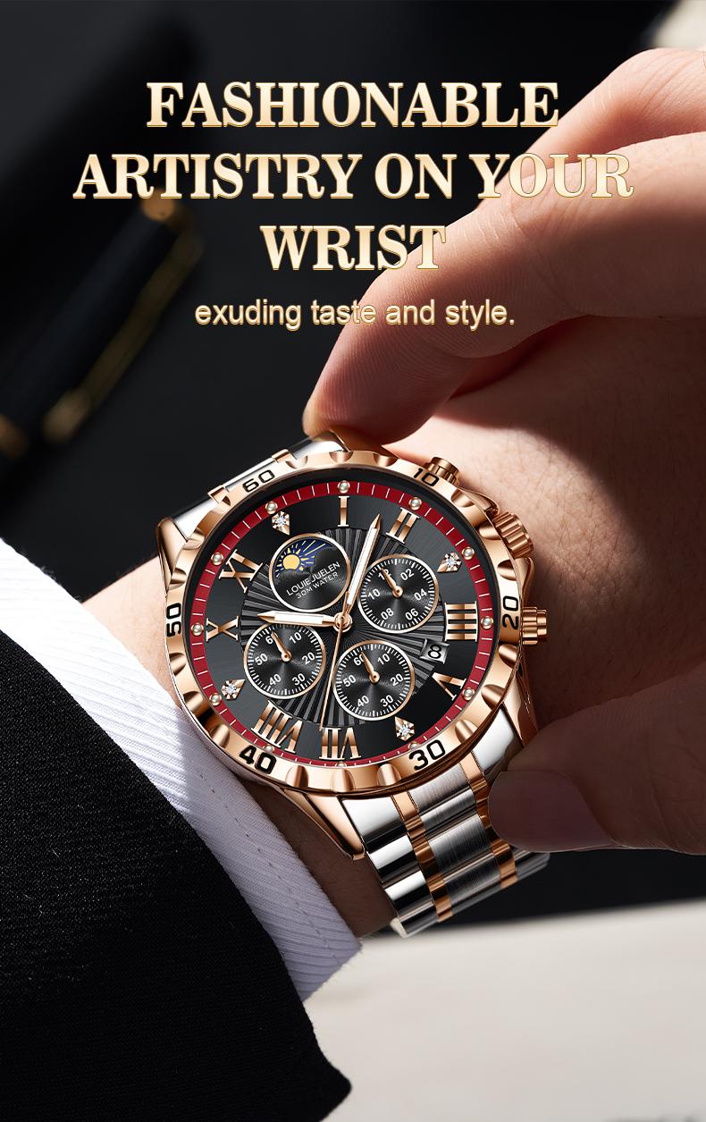 Men's Swiss Elegance Watch,LOUIEJUELEN Commander Series Men's Luxury Swiss Multi-Function Business Watch - Sapphire Crystal, Stainless Steel Bracelet, 42mm Dial, Waterproof, Shockproof, Luminous Display, Ideal for Business & Social Occasions