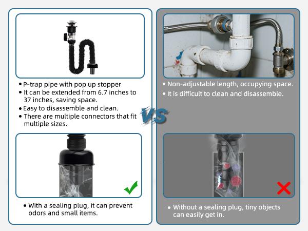 Hibbent Bathroom Sink Drain Kit, Flexible P-Trap Drain Pipe with Pop Up Stopper, Expandable Bathroom Sink Pipe Replacement with 2 Adapters, Fits 1-1/4'', 1-1/2'', 2" Holes, Hair Catcher, Chrome
