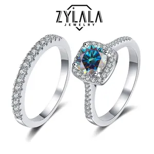 [245 Colorful Blue] 1/2CT Synthetic Moissanite Square Ring + Eternity-band Set Square Halo Design 925 Sterling Silver Promise Ring Engagement Wedding Gift