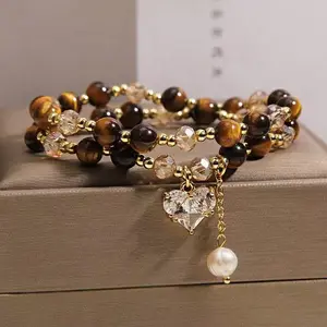 Natural Tiger's eye Stone Multi-layer Bracelet Light Luxury Niche High-end Love Pendant Exquisite Bracelet To Attract Fortune And Transfer Hand Jewelry New Year Gook Luck
