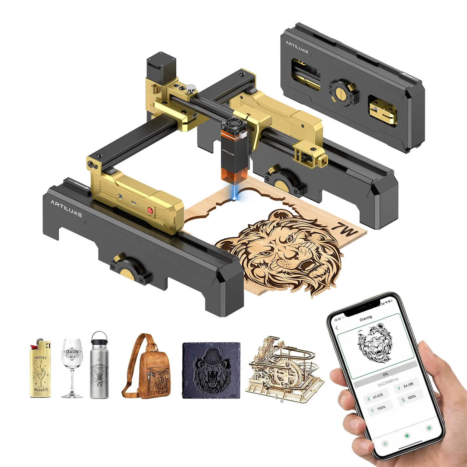 ARTILUME T1 Portable Laser Engraving Machine with APP Control, Foldable Design, No Assembly Required, 0.01mm Precision, 10000mm/min Speed, Engraves Wood, Leather, Acrylic & Metal, Custom Design Tool for Creative Projects