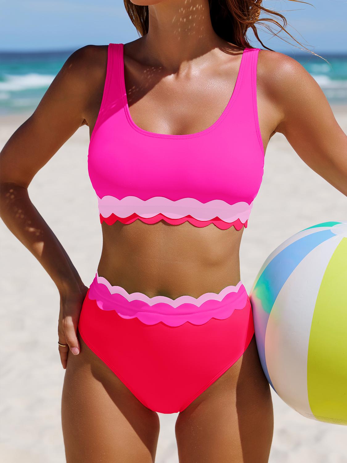 Popvil Resort Petal Edge High-Waisted Slimming Bikini Set Vacation Scalloped Trim Bikini Set for Women