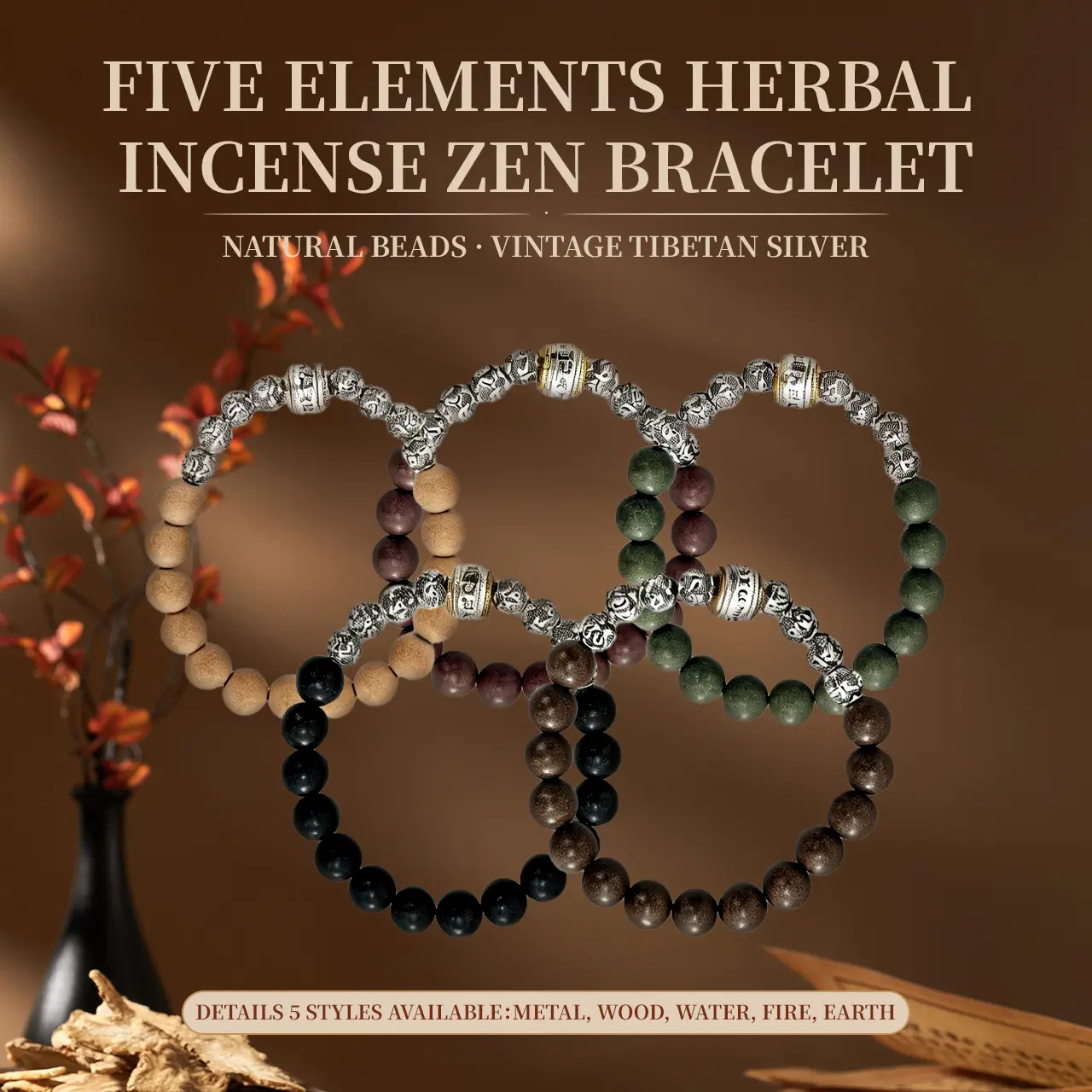 Vintage Tibetan Silver 5-Elements Herbal Incense Beaded Bracelet - Handcrafted Zen Costume Jewelry with Prayer Wheel, Layered Texture, Natural Stones, Ancient-Inspired Calming Stone Bracelets & Bangles, Stress Relief, Cultural Gifting, Ancient-Inspired Br