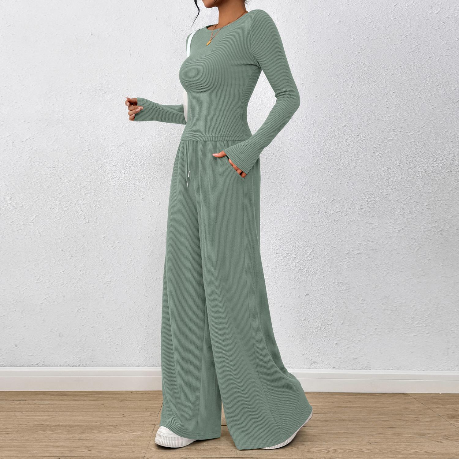 PrettyGarden Women's 2 Piece Lounge Sets Fall Fashion Long Sleeve Crop Top Wide Leg Pants Matching Sets Clothing, Comfy Womenswear#FallFreshness
