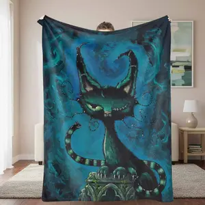 Mystic Black Cat Flannel Blanket Gothic Fantasy Art Print with Blue Aura Design Soft Warm Cozy Plush Throw for Bedroom Sofa Living Room Halloween Gift Home Décor Relaxation Moments