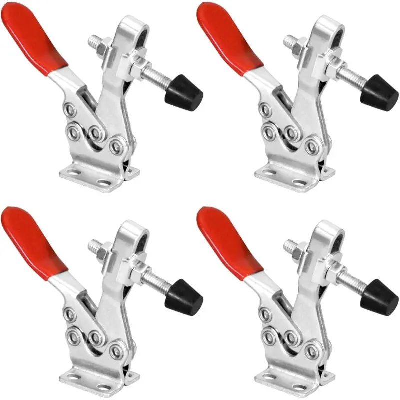 Carbon Steel Solid 4-Clamp Set Value, Quick-Release Horizontal Clamps for Woodworkers, 220 lbs Holding Capacity, Antislide Rubber Tips, 1/4”x3/8” Mounting Slots (7/8”x7/8” Spacing), Jig Assembly & Welding Use