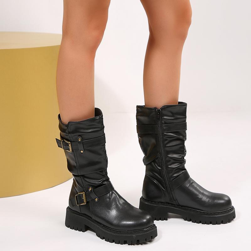 Women's Double Buckle Ruched Ankle Boots, Stylish Y2K Moto Winter Shoe, Womensfashion PU Leather Boots for Women, Low Heel Walking Footwear, Perfect Valentine's Day Gift