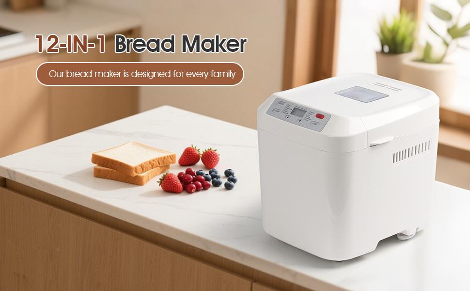 Bread Machine 2LB 12-IN-1 Gluten-Free Nonstick Pan 2 Loaf Sizes Keep Warm White Automatic Bread Maker for Home Cooking